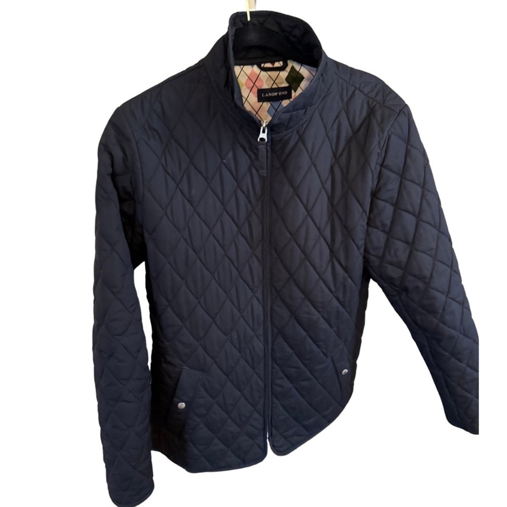Lands End Quilted Argyle Zip Jacket Womens Size Large, Black